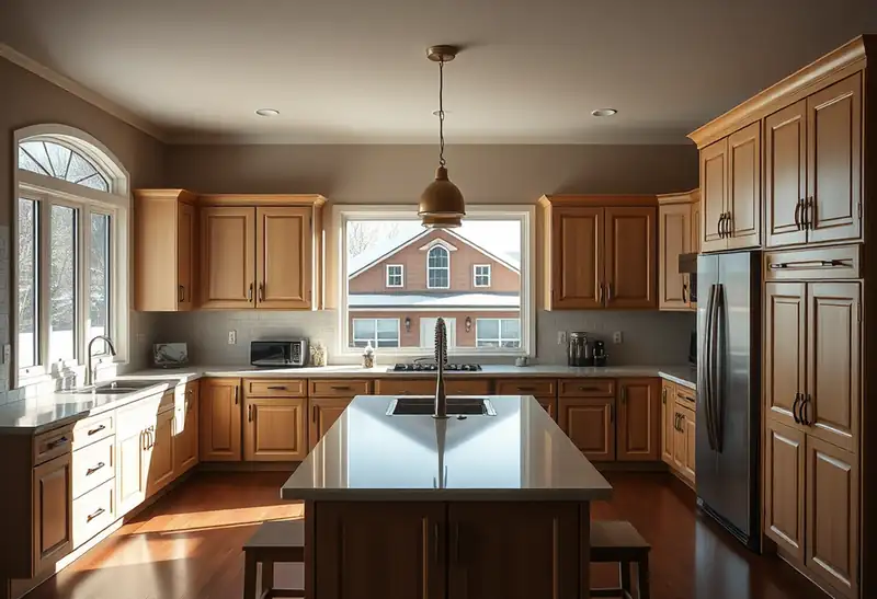 Illustration of modern kitchen with shaker cabinets and stainless steel appliances, featuring large windows.